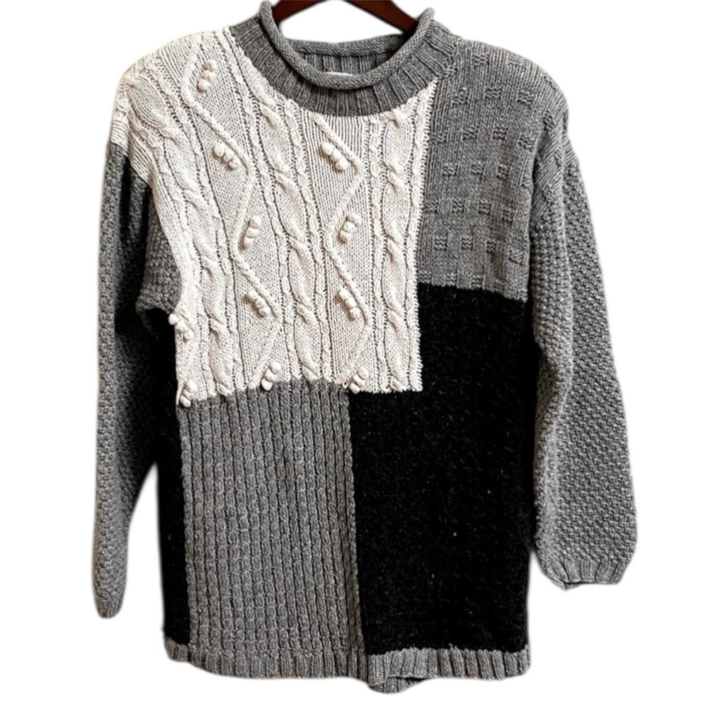 Vintage Cable Knit Sweater Gray Ivory Chunky Patchwork Streetwear Large 80s 90s